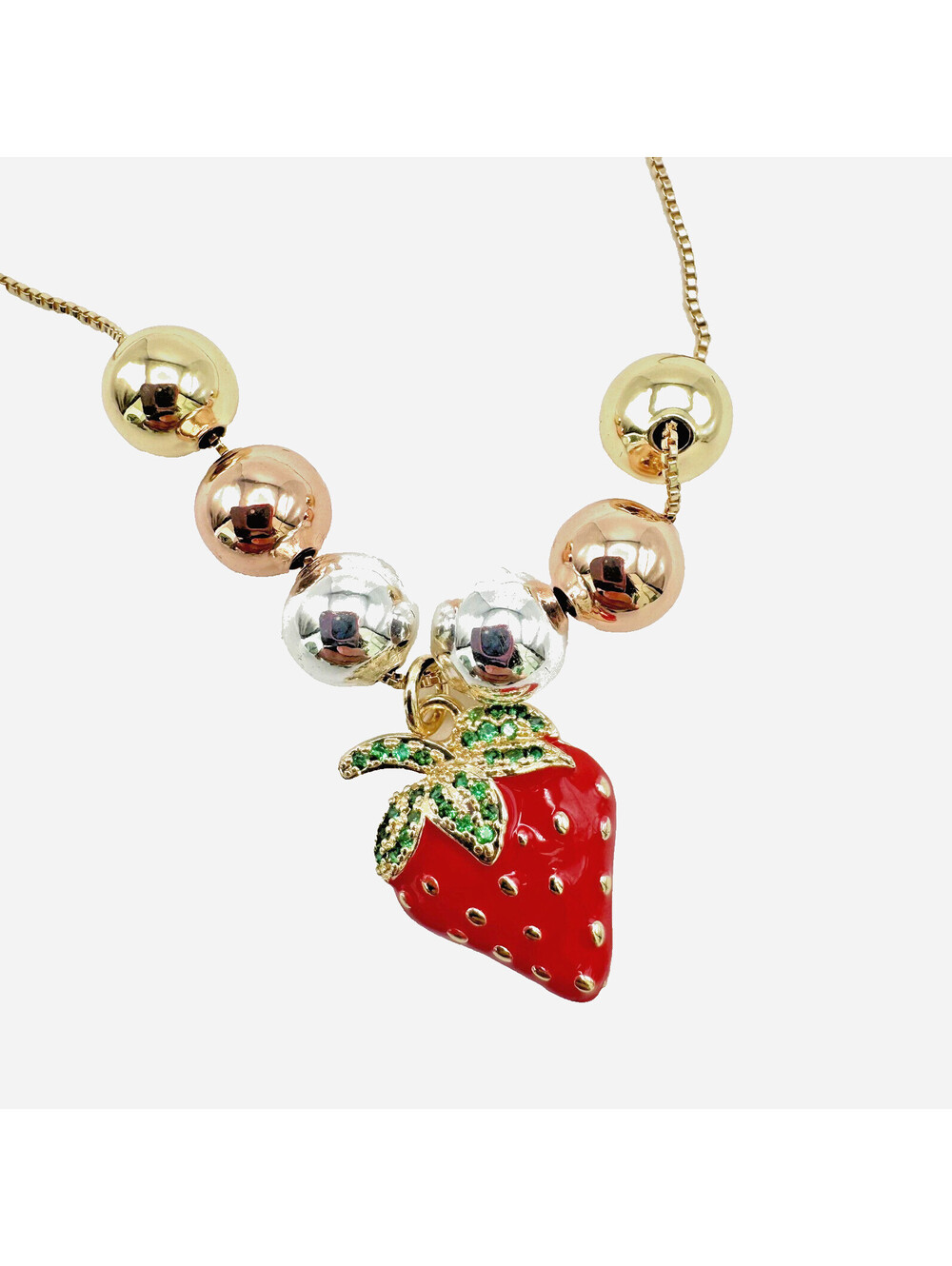 14K Gold filled Strawberry Necklace With Gold, Silver, and Rose Gold Toned Beads